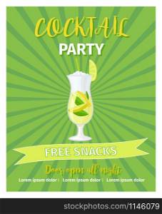 Cocktail party green poster template with drink, vector illustration. Cocktail party green poster template