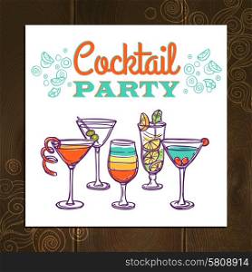 Cocktail party invitation poster with hand drawn alcohol drinks vector illustration. Cocktail Party Poster