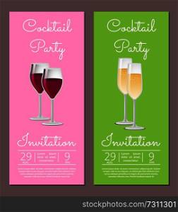 Cocktail party invitation posters set red and white wine in glasses, mentioned date and time of visit, ch&agne in glassware on long stem vector info. Cocktail Party Invitation Info Poster Set Red Wine