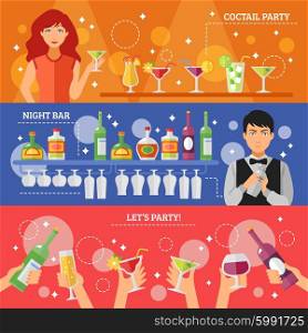 Cocktail Party Night Bar Flat Banners. Cocktail party in night bar 3 flat horizontal colorful festive banners with alcohol drinks abstract isolated vector illustration