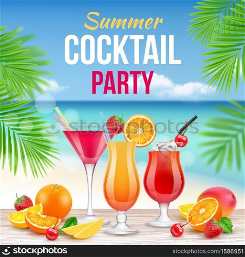 Cocktail party poster. Invitation to drinking alcohol summer party martini whiskey margarita vector realistic placard. Illustration of cocktail party poster, card cafe invitation. Cocktail party poster. Invitation to drinking alcohol summer party martini whiskey margarita vector realistic placard