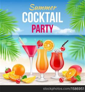 Cocktail party poster. Invitation to drinking alcohol summer party martini whiskey margarita vector realistic placard. Illustration of cocktail party poster, card cafe invitation. Cocktail party poster. Invitation to drinking alcohol summer party martini whiskey margarita vector realistic placard