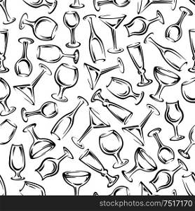 Cocktail party seamless pattern with sketched glasses for cocktails, wine, champagne, martini, vodka and cognac beverages on white background. Use as festive party invitation backdrop or celebration theme design. Cocktail party seamless pattern with stemware