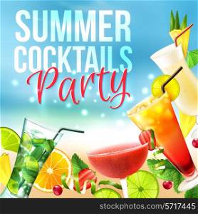 Cocktail party summer poster with alcohol drinks in glasses on blue background vector illustration