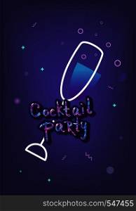 Cocktail party template. Holiday banner with shine decoration and creative cartoon lettering. Event invitation ultra violet flyer. Vector illustration.
