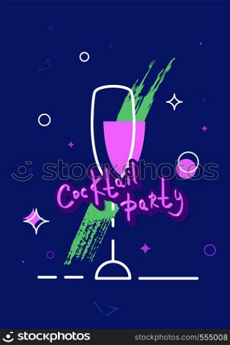 Cocktail party template. Holiday banner with shine decoration and creative lettering. Event invitation ultra violet flyer. Vector illustration.