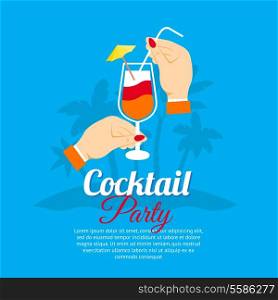 Cocktail party two hands holding glass poster with palms on background vector illustration