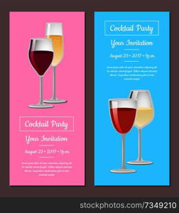 Cocktail party your invitation posters set with wine and ch&agne glasses, vector illustration of winery products, invite card to party with text s&le. Cocktail Party Your Invitation Posters Set Wine