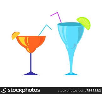 Cocktail poured in special glasses vector, beverages served with straws and sliced lime orange. Juicy drinks on party, isolated icons liquids in containers. Cocktail Poured in Special Glasses with Straws