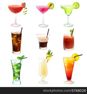 Cocktail realistic decorative icons set with margarita mojito bloody mary isolated vector illustration