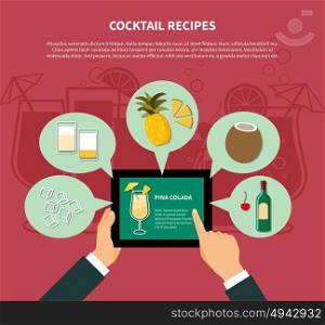 Cocktail Recipe Template. Cocktail recipe template of pina colada with colorful icons of ingredients in flat style vector illustration