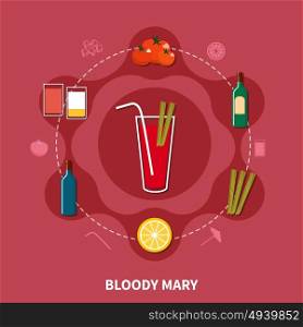 Cocktail Recipe Template. Cocktail recipe template with bloody mary and its ingredients in flat style isolated vector illustration