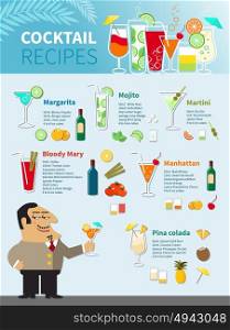 Cocktail Recipes Poster. Cocktail Recipes Poster of popular alcoholic beverages with their components and measurements vector illustration
