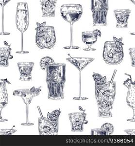 Cocktail seamless pattern. Hand drawn alcohol drinks cocktails with different glasses and goblets wallpaper bar menu vintage vector texture. Sketch beverage as cherry cocktail, ch&agne, pina colada. Cocktail seamless pattern. Hand drawn alcohol drinks cocktails with different glasses and goblets wallpaper bar menu vintage vector texture