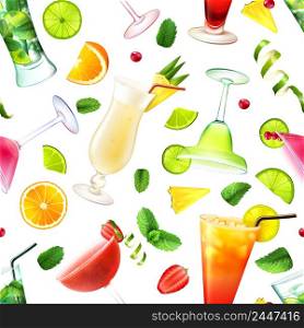 Cocktail seamless pattern with alcohol drinks in glasses and decoration vector illustration