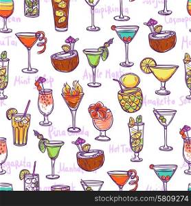 Cocktail seamless pattern with hand drawn sketch alcohol refreshments vector illustration. Cocktail Seamless Pattern