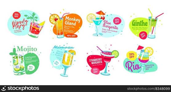 Cocktail sticker set, vector icon collection. Summer drink with fruit, beverage badge with sign. Color summer food with juice. Discount for bloody mary, mojito, margarita and mimoza. Cocktail sticker set, vector icon collection