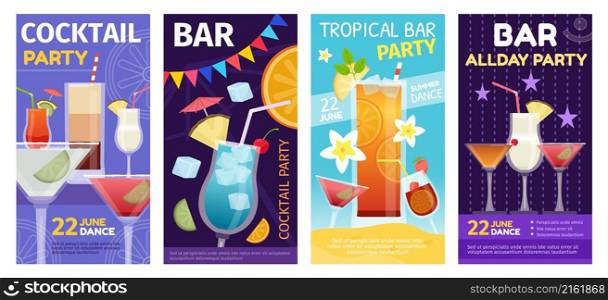 Cocktail summer party and tropical bar posters with drinks glasses. Alcoholic cocktails drinking event in night club invitation vector set. Refreshment on holiday, seasonal fest flyers. Cocktail summer party and tropical bar posters with drinks glasses. Alcoholic cocktails drinking event in night club invitation vector set