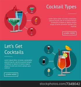 Cocktail types lets get alcohol set of web posters drinks on your choice, order online website design with refreshing alcoholic beverages vector pages. Cocktail Types Lets Get Cocktails Set of Posters