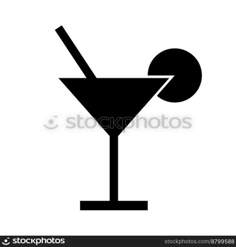 Cocktail, vector. Cocktail black icon, glass with drinking straw isolated on white background.