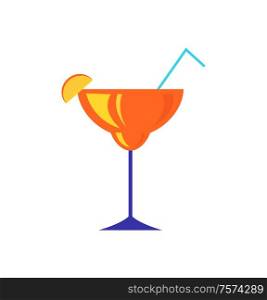 Cocktail with piece of lemon or orange citrus and straw vector isolated icon. Modern glassware, cup with refreshing drink, alcoholic beverage in martini glass. Cocktail with Piece of Lemon or Orange Citrus