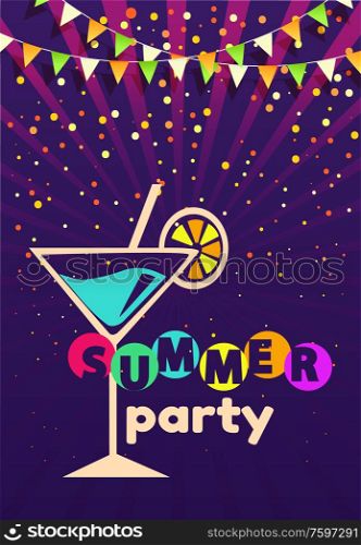 Cocktail with straw and lemon slice, summer party, glamor vector. Alcohol drink in martini glass, garland and confetti, event or holiday celebration. Summer Glamor Party Poster, Cocktail Alcohol Drink
