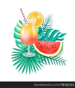 Cocktail with straw and orange slice decor and watermelon piece on palm leaves. Refreshing tropical drink with ice and piece of fruit vector isolated. Cocktail with Straw. Oange Sice Decor Watermelon