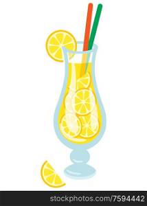 Cocktail yellow lemonade served with straws vector. Beverage poured in glass with slice of fresh fruit, sour taste of drink isolated icon flat style. Cocktail with Straws and Lemon Slice Isolated