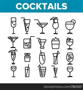 Cocktails, Alcohol and Soft Drinks Linear Icons Set. Alcoholic Beverages Thin Line Contour Symbols Pack. Shots Collection. Various Cocktail Liquors. Bar Beverages Outline Vector Illustrations. Cocktails, Alcohol and Soft Drinks Linear Icons Set