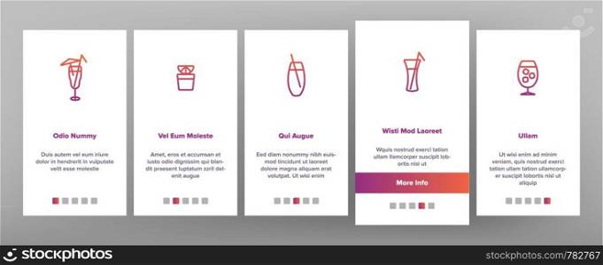 Cocktails, Alcohol and Soft Drinks Onboarding Mobile App Page Screen. Alcoholic Beverages. Shots Collection. Various Cocktail Liquors. Bar Beverages Vector Illustrations. Cocktails, Alcohol Soft Drinks Onboarding Mobile App Page Screen