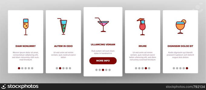 Cocktails, Alcohol and Soft Drinks Onboarding Mobile App Page Screen. Alcoholic Beverages. Shots Collection. Various Cocktail Liquors. Bar Beverages Vector Illustrations. Cocktails, Alcohol Soft Drinks Onboarding Mobile App Page Screen