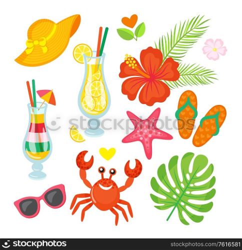 Cocktails and plants, summer symbols, crab and starfish vector. Straw hat and hibiscus, flip flops and sunglasses, beach and relax, tropical greenery, summertime objects. Summer, Cocktails and Plants, Crab and Starfish