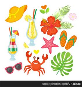 Cocktails and plants, summer symbols, crab and starfish vector. Straw hat and hibiscus, flip flops and sunglasses, beach and relax, tropical greenery, summertime objects. Summer, Cocktails and Plants, Crab and Starfish