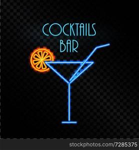Cocktails bar neon poster color vector illustration isolated on transparent background, beauty blue glass with cute straw, orange fruit, text sample. Coktails Bar Neon Poster Color Vector Illustration