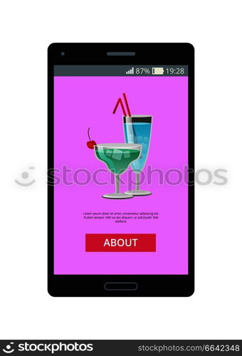 Cocktails decorated with straws and cherry, shown on phone screen in mobile application vector illustration of online application with button about. Cocktails Decorated with Straws and Cherry on Phone