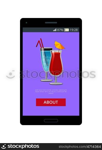 Cocktails decorated with straws and lemon, shown on phone screen in mobile application vector illustration of online application with button about. Cocktails Decorated with Straws and Lemon on Phone