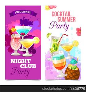 Cocktails Party Banners. Bright color vertical banners of cocktail party in night club vector illustration