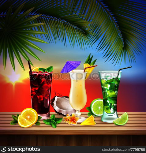 Cocktails set realistic composition with three different flavors of alcohol cocktail at the table vector illustration. Cocktails Set Realistic Composition