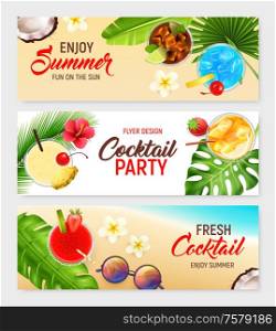 Cocktails top view horizontal banners set with cocktail party symbols realistic isolated vector illustration