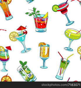 Cocktails with straws and slices seamless pattern vector. Alcoholic drinks and beverages, umbrella as decoration, mint and orange, lemon piece. Martini and lime, refreshing liquids in summer. Cocktails with straws and slices seamless pattern vector.