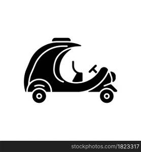 Coco taxi black glyph icon. Rickshaw-type vehicle. Back seat for two people. Transporting tourists. Yellow, egg-shaped car in Cuba. Silhouette symbol on white space. Vector isolated illustration. Coco taxi black glyph icon