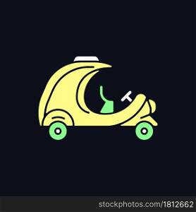 Coco taxi RGB color icon for dark theme. Rickshaw-type vehicle. Yellow, egg-shaped commercial car in Cuba. Isolated vector illustration on night mode background. Simple filled line drawing on black. Coco taxi RGB color icon for dark theme