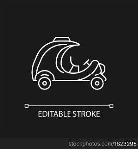 Coco taxi white linear icon for dark theme. Rickshaw-type vehicle. Back seat for two people. Thin line customizable illustration. Isolated vector contour symbol for night mode. Editable stroke. Coco taxi white linear icon for dark theme