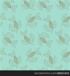 Cocoa bean doodle branch with grains and leaves pattern seamless blue with brown.