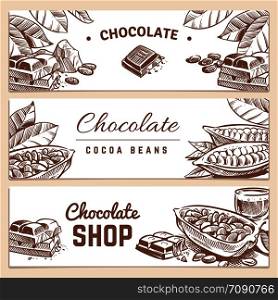 Cocoa beans, chocolate product horizontal vector banners set. Bean cacao, plant and seed for sweetness illustration. Cocoa beans, chocolate product horizontal vector banners set