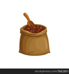 Cocoa beans sack or coffee beans bag, vector isolated icon of seeds and scoop spoon. Cacao beans in sack bag, chocolate dessert sweets, coca drinks and gourmet pastry food ingredient. Cocoa beans sack, coffee beans bag with scoop