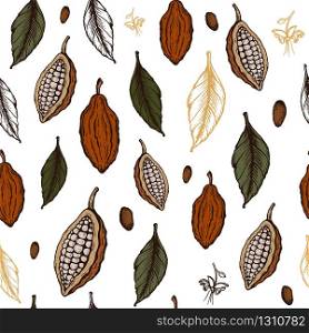 Cocoa beans seamless pattern. Engraved style sketch hand drawn illustration. Chocolate cacao bean, leaves, seeds, flowers and nuts Vector.. Cocoa beans seamless pattern sketch hand drawn vector illustration.