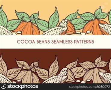 Cocoa beans seamless patterns. Cocoa beans horizontal seamless patterns for chocolate banners