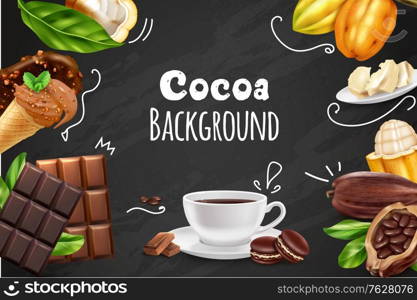 Cocoa colored background with realistic images of chocolate bar ice cream cone cacao beans cup of drink on chalkboard vector illustration