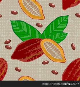 Cocoa fruits and leaves. Whole fruit, cut, cocoa beans. Vector illustration. Chocolate. Grunge texture. Textile background Seamless Pattern. Cocoa fruits and leaves. Whole fruit, cut, cocoa beans. Chocolate. Grunge texture. Textile background. Seamless Pattern